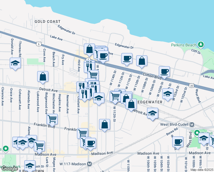 map of restaurants, bars, coffee shops, grocery stores, and more near 11500 Detroit Avenue in Cleveland