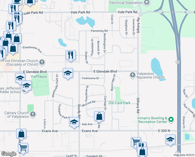 map of restaurants, bars, coffee shops, grocery stores, and more near 1709 Peachtree Drive in Valparaiso