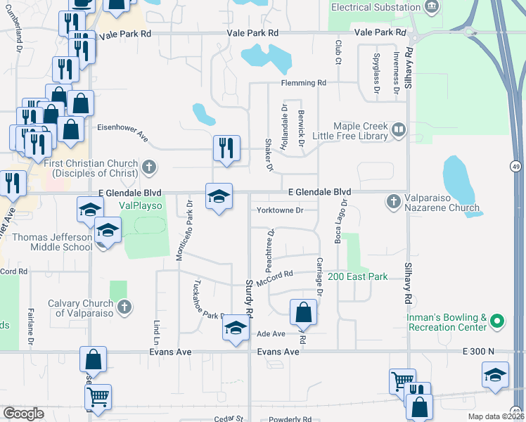 map of restaurants, bars, coffee shops, grocery stores, and more near 2005 Chamblee Drive in Valparaiso