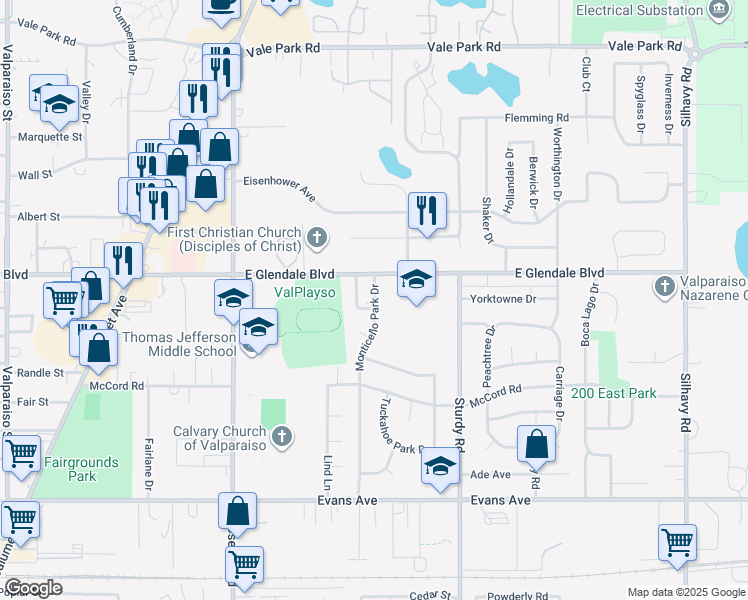 map of restaurants, bars, coffee shops, grocery stores, and more near 1609 Monticello Park Drive in Valparaiso