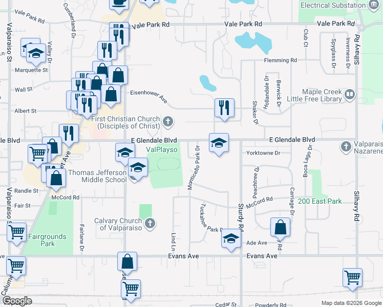 map of restaurants, bars, coffee shops, grocery stores, and more near 1609 Monticello Park Drive in Valparaiso