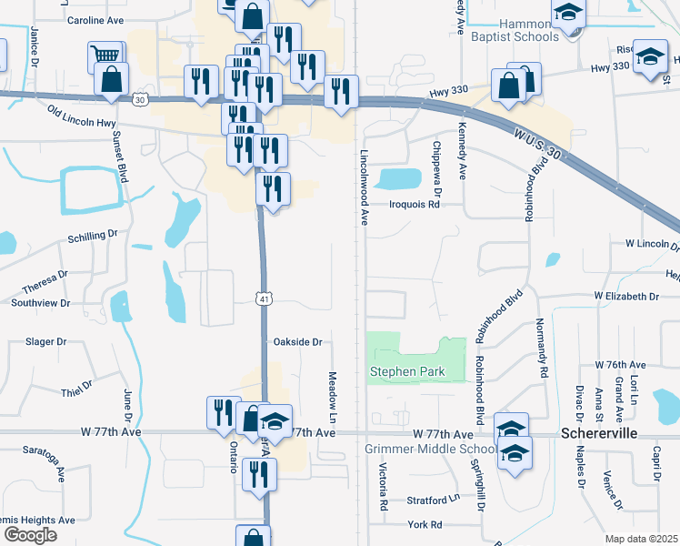 map of restaurants, bars, coffee shops, grocery stores, and more near 2115-2125 Meadow Lane in Schererville