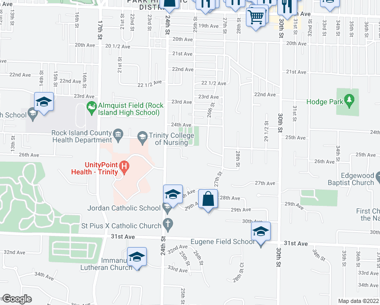 map of restaurants, bars, coffee shops, grocery stores, and more near 2500 26th Avenue Court in Rock Island