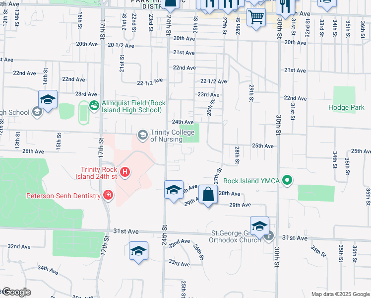map of restaurants, bars, coffee shops, grocery stores, and more near 2500 26th Avenue Court in Rock Island