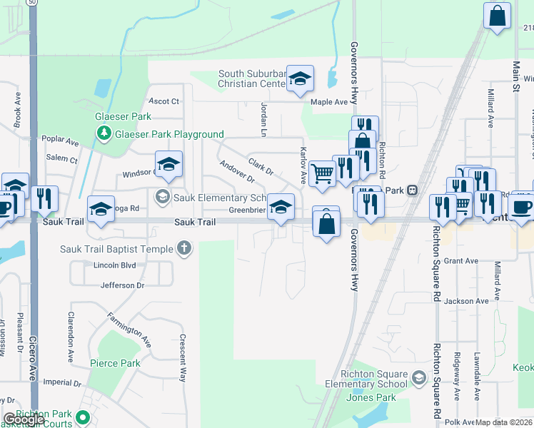 map of restaurants, bars, coffee shops, grocery stores, and more near 4207 Greenbrier Lane in Richton Park