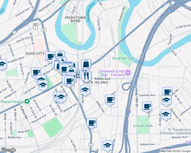 map of restaurants, bars, coffee shops, grocery stores, and more near 2136 West 20th Street in Cleveland