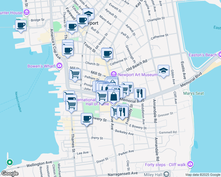 map of restaurants, bars, coffee shops, grocery stores, and more near 152 Bellevue Avenue in Newport