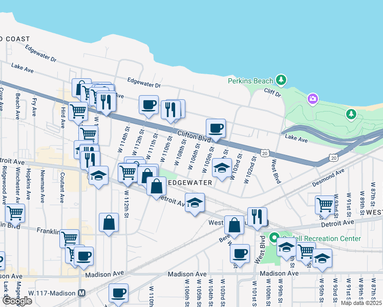 map of restaurants, bars, coffee shops, grocery stores, and more near 1305 West 106th Street in Cleveland