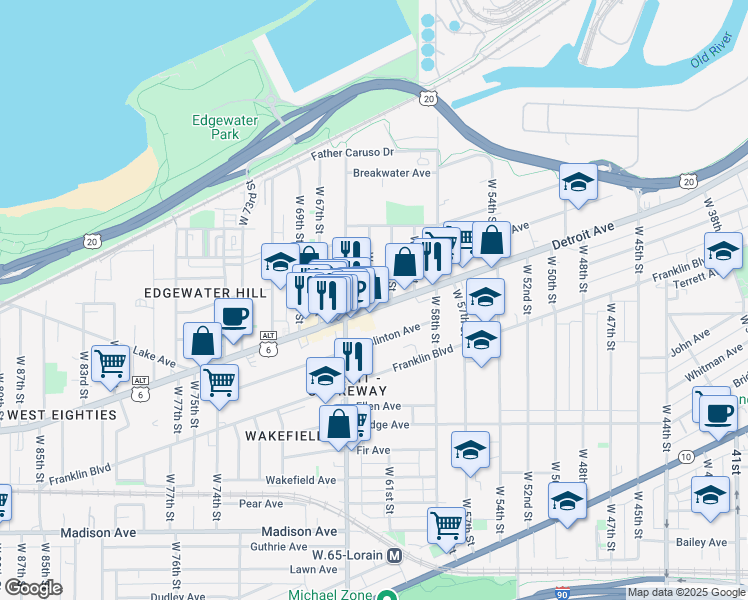 map of restaurants, bars, coffee shops, grocery stores, and more near 1389 West 64th Street in Cleveland