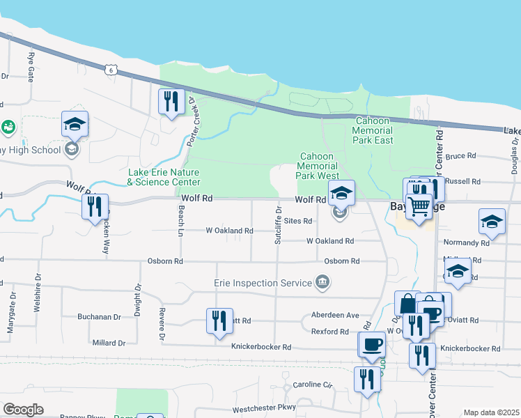 map of restaurants, bars, coffee shops, grocery stores, and more near 28134 West Oakland Road in Bay Village
