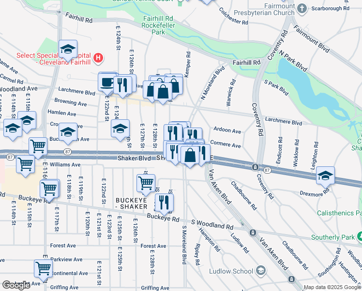 map of restaurants, bars, coffee shops, grocery stores, and more near 13129 Shaker Square in Cleveland