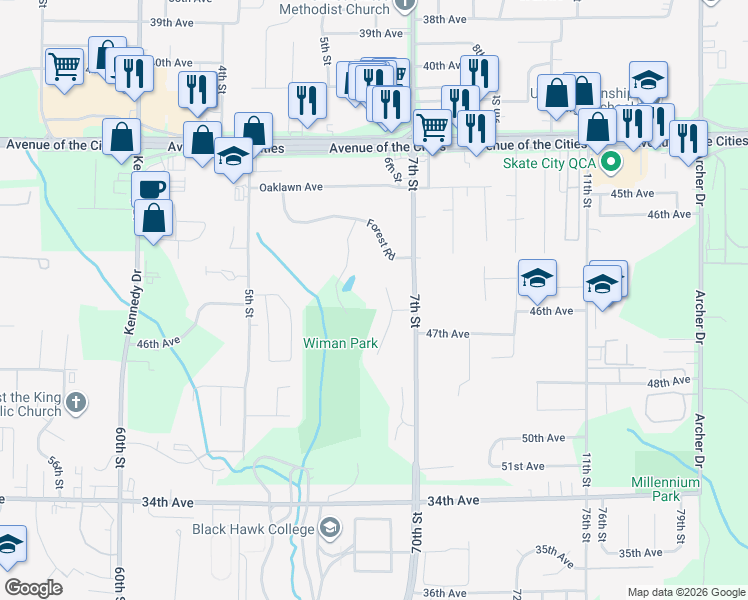 map of restaurants, bars, coffee shops, grocery stores, and more near 4505 6th Street Court in East Moline
