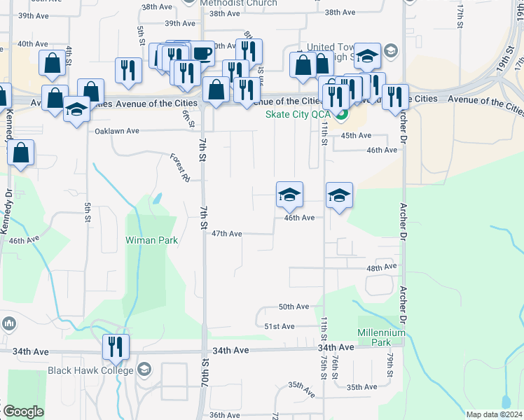map of restaurants, bars, coffee shops, grocery stores, and more near 4522 8 1/2 Street Court in East Moline