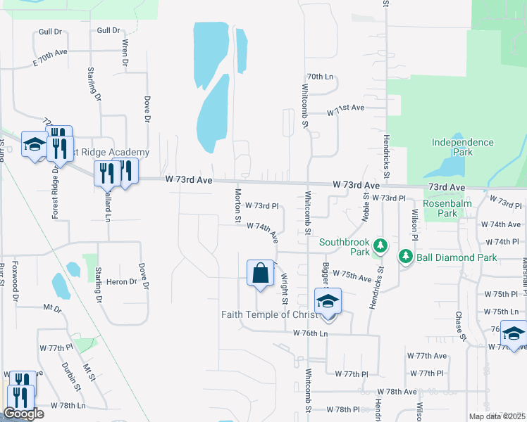 map of restaurants, bars, coffee shops, grocery stores, and more near 4059 West 73rd Place in Merrillville