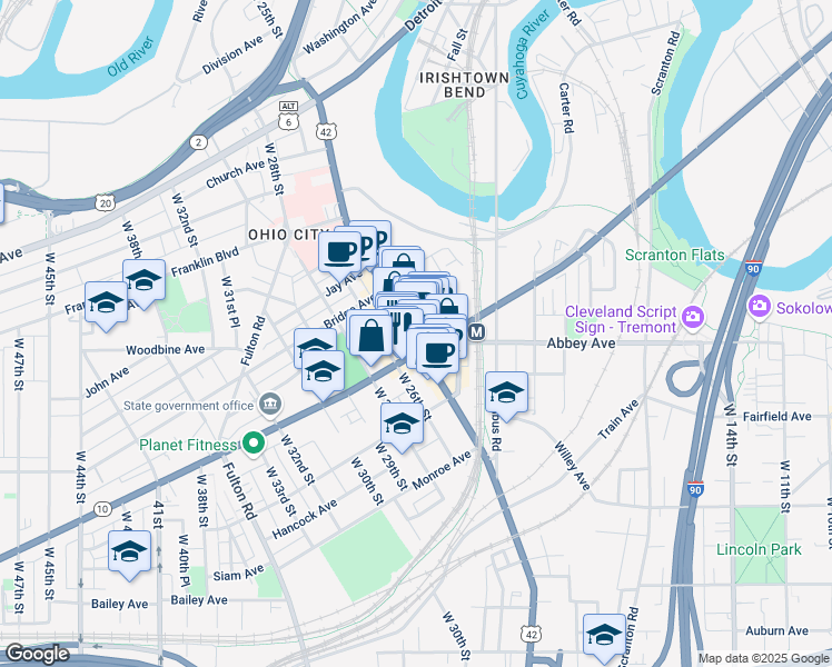 map of restaurants, bars, coffee shops, grocery stores, and more near 1979 West 25th Street in Cleveland