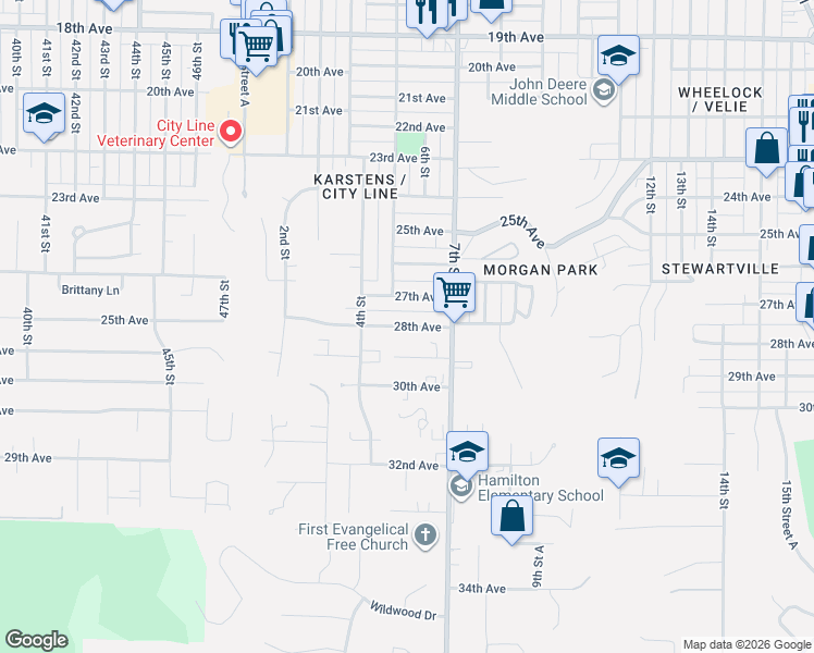 map of restaurants, bars, coffee shops, grocery stores, and more near 543 29th Avenue in Moline