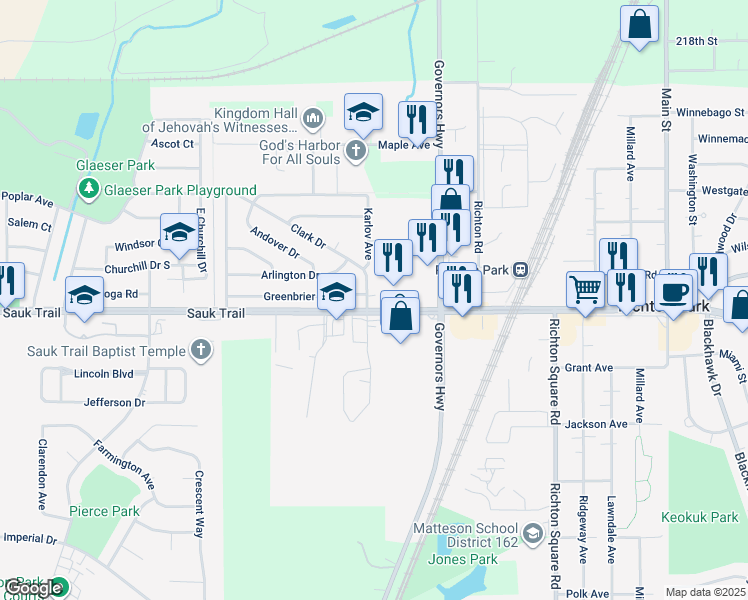 map of restaurants, bars, coffee shops, grocery stores, and more near 22243 Karlov Avenue in Richton Park