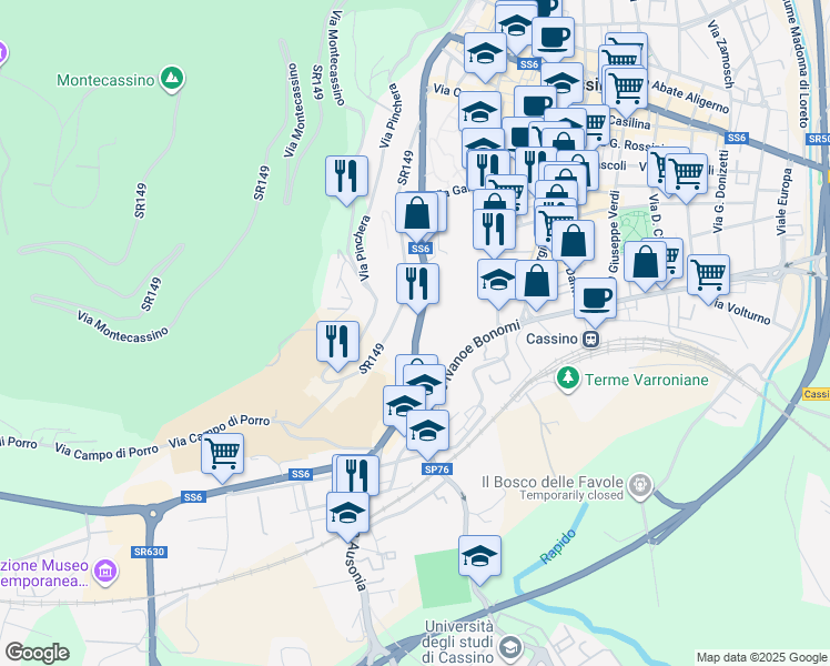 map of restaurants, bars, coffee shops, grocery stores, and more near 206 Via Gaetano di Biasio in Cassino