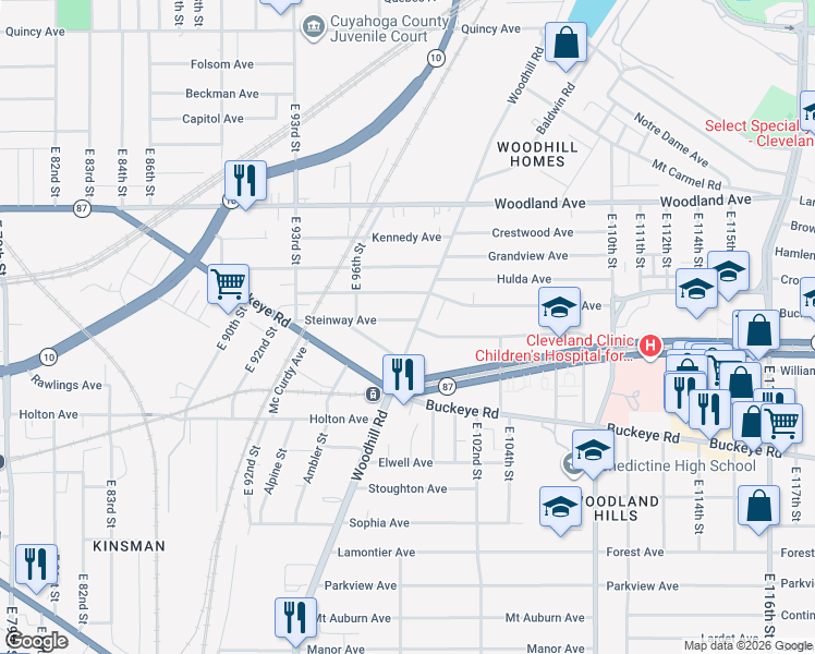 map of restaurants, bars, coffee shops, grocery stores, and more near 9814 Rosehill Avenue in Cleveland