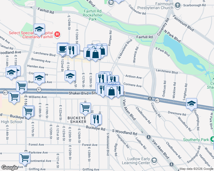 map of restaurants, bars, coffee shops, grocery stores, and more near 13133 Shaker Square in Cleveland