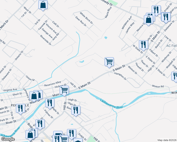 map of restaurants, bars, coffee shops, grocery stores, and more near 70 Main Street in Archbald