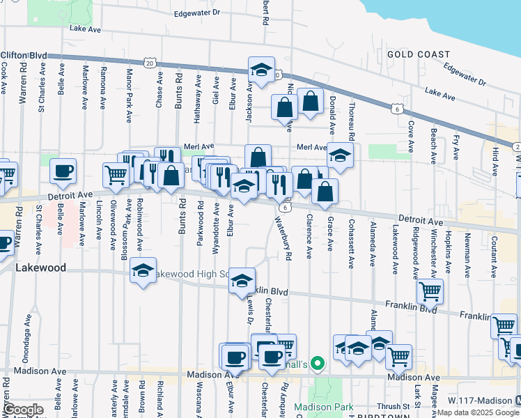 map of restaurants, bars, coffee shops, grocery stores, and more near 1434 Lewis Drive in Lakewood
