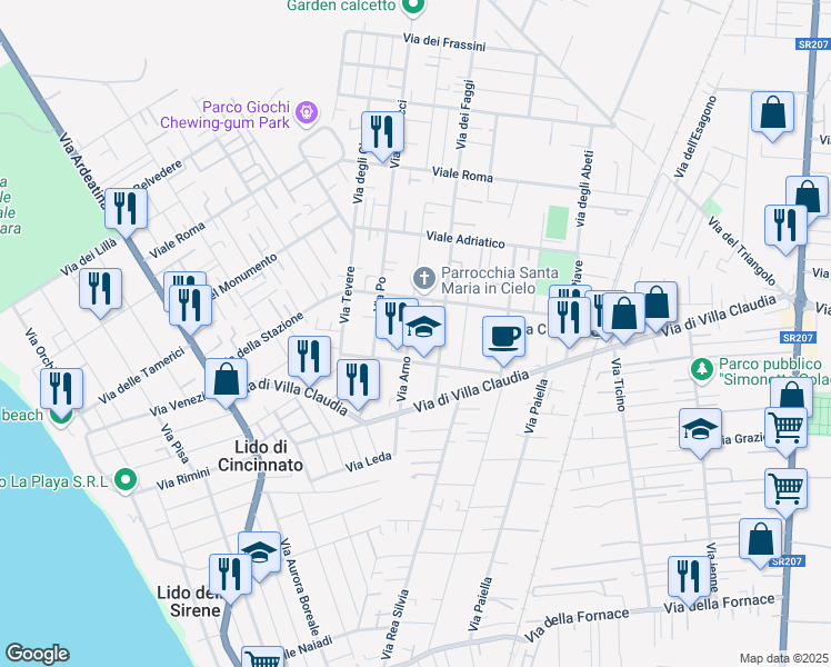 map of restaurants, bars, coffee shops, grocery stores, and more near 16 Via Tirreno in Anzio