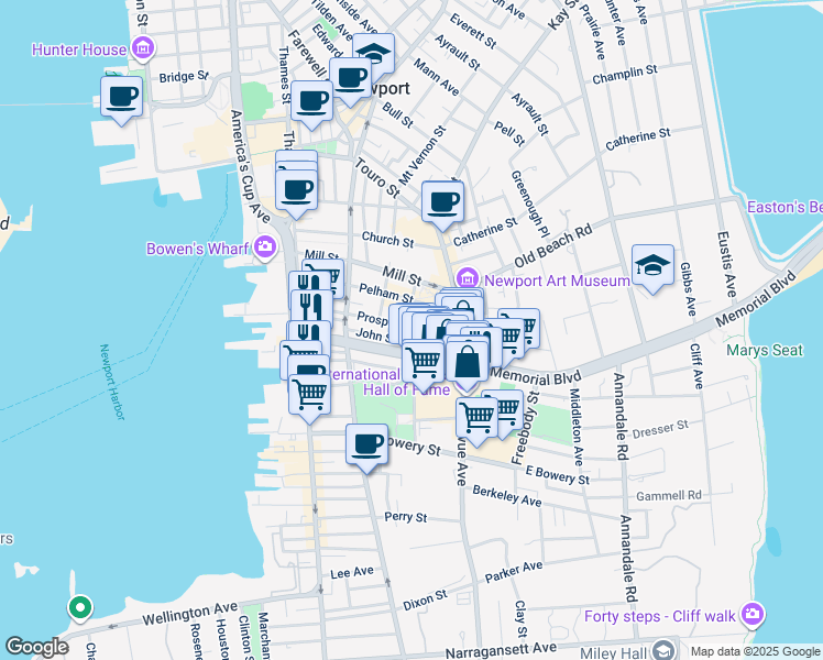map of restaurants, bars, coffee shops, grocery stores, and more near 83 John Street in Newport
