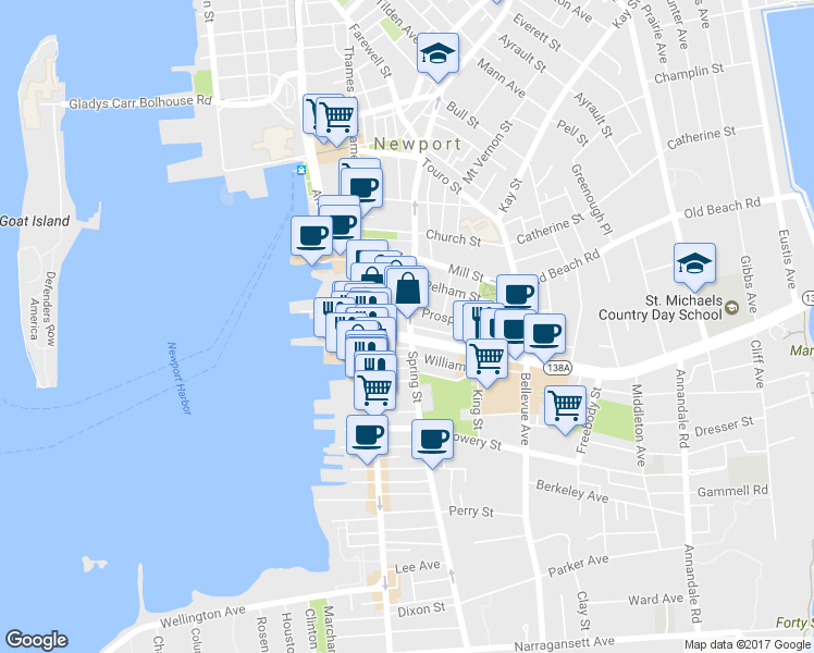 map of restaurants, bars, coffee shops, grocery stores, and more near 233 Memorial Boulevard West in Newport