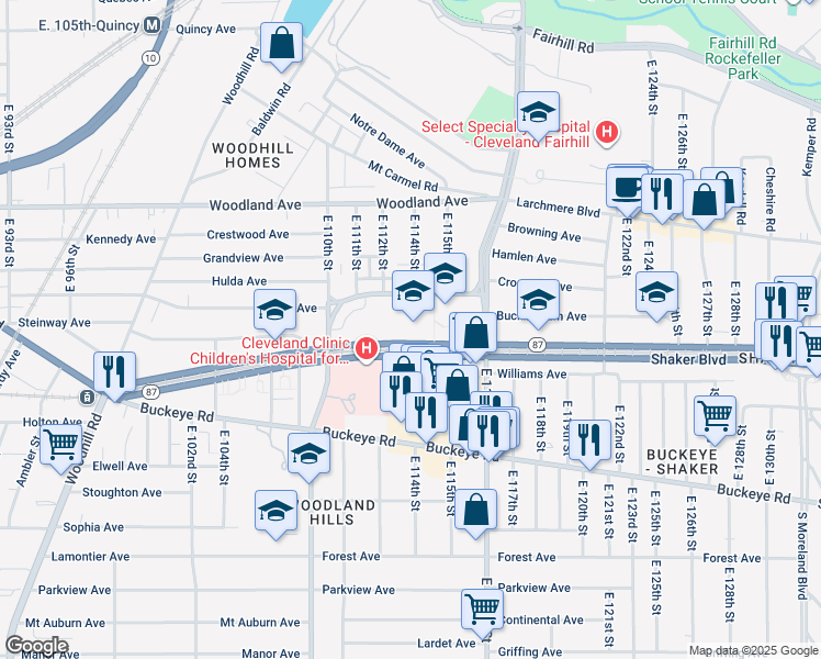 map of restaurants, bars, coffee shops, grocery stores, and more near 2750 East 116th Street in Cleveland