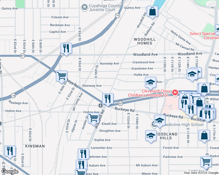 map of restaurants, bars, coffee shops, grocery stores, and more near 9814 Rosehill Avenue in Cleveland