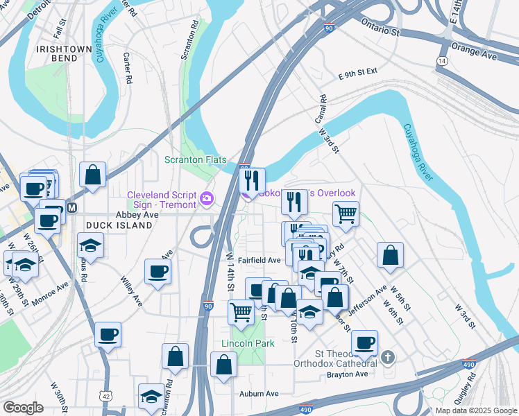 map of restaurants, bars, coffee shops, grocery stores, and more near 2071 West 13th Place in Cleveland
