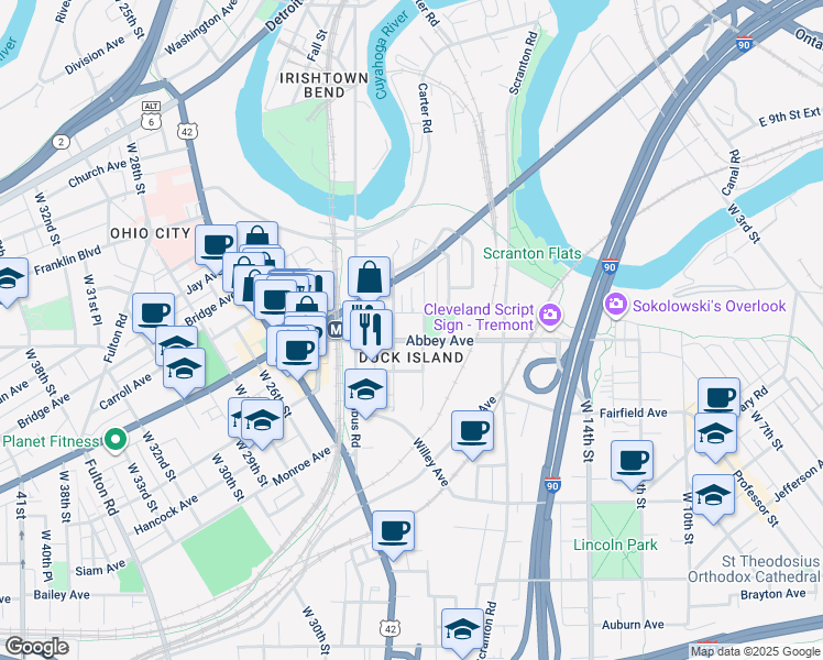 map of restaurants, bars, coffee shops, grocery stores, and more near 2136 West 20th Street in Cleveland