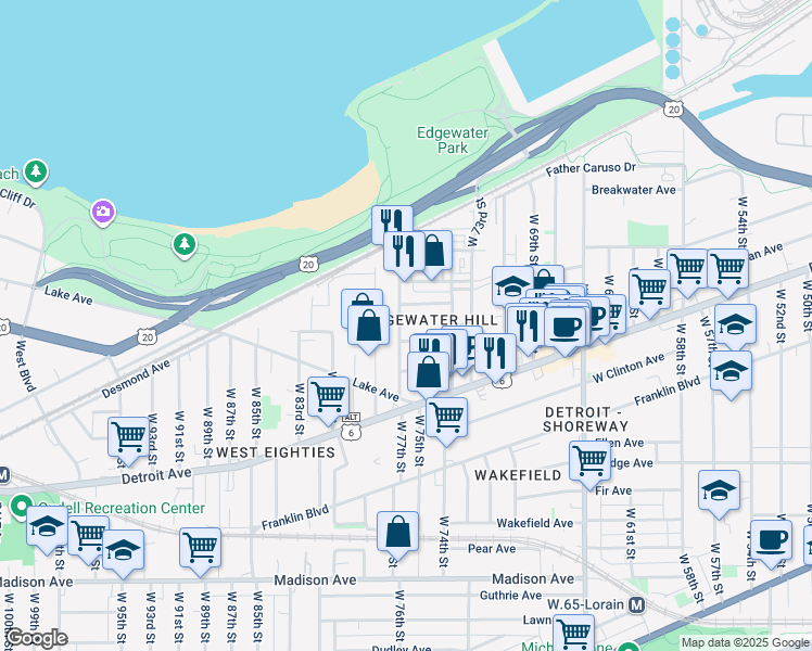 map of restaurants, bars, coffee shops, grocery stores, and more near 1334 West 76th Street in Cleveland
