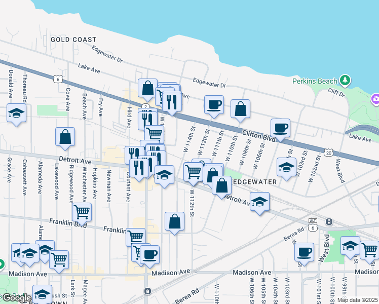 map of restaurants, bars, coffee shops, grocery stores, and more near 1346 West 112th Street in Cleveland