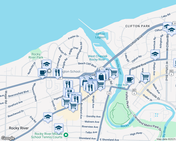 map of restaurants, bars, coffee shops, grocery stores, and more near 19412 Battersea Boulevard in Rocky River