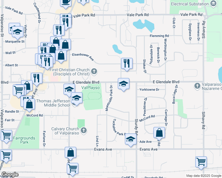 map of restaurants, bars, coffee shops, grocery stores, and more near 1609 Monticello Park Drive in Valparaiso