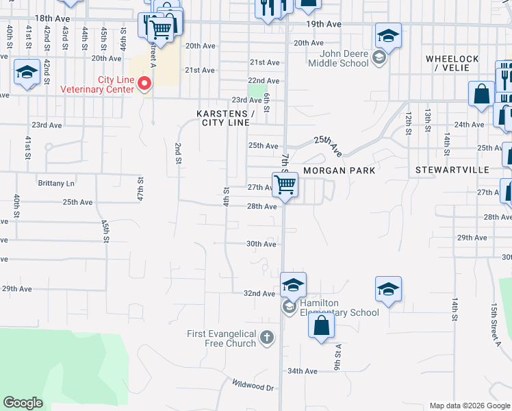 map of restaurants, bars, coffee shops, grocery stores, and more near 543 29th Avenue in Moline