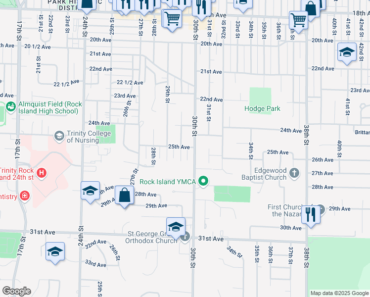 map of restaurants, bars, coffee shops, grocery stores, and more near 2531 29 1/2 Street in Rock Island