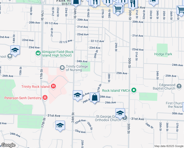 map of restaurants, bars, coffee shops, grocery stores, and more near 2605 26th Avenue Court in Rock Island