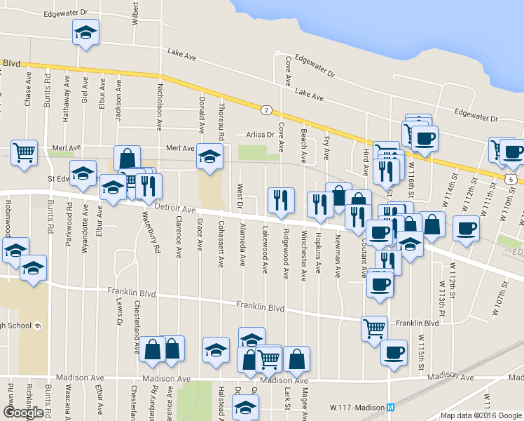 map of restaurants, bars, coffee shops, grocery stores, and more near 1388 Lakewood Avenue in Lakewood