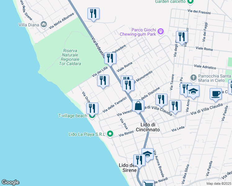map of restaurants, bars, coffee shops, grocery stores, and more near 27 Via delle Begonie in Anzio