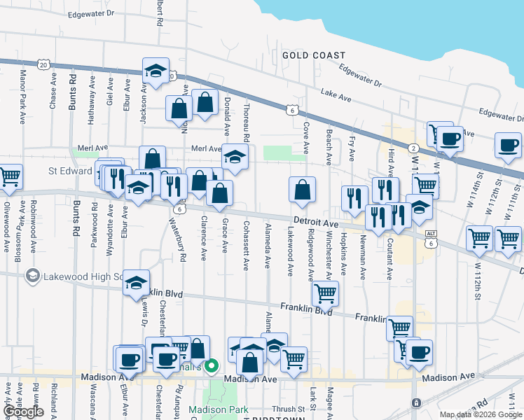 map of restaurants, bars, coffee shops, grocery stores, and more near 1417 Cohassett Avenue in Lakewood
