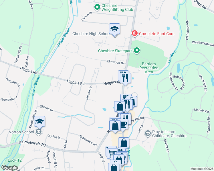 map of restaurants, bars, coffee shops, grocery stores, and more near 75 Higgins Road in Cheshire