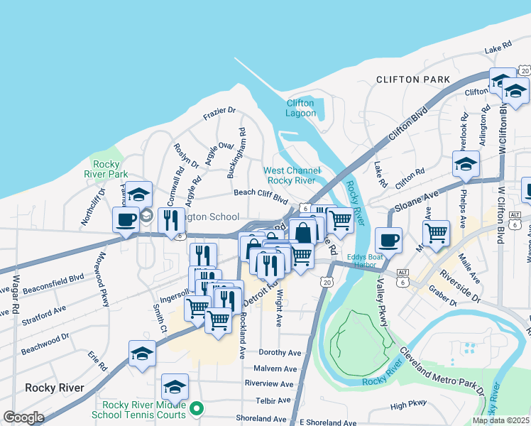 map of restaurants, bars, coffee shops, grocery stores, and more near 19412 Battersea Boulevard in Rocky River