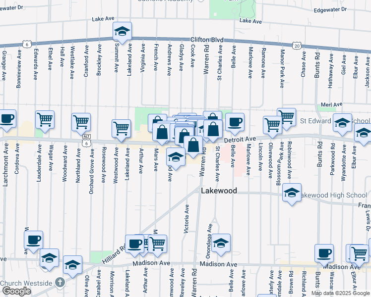 map of restaurants, bars, coffee shops, grocery stores, and more near 14881 Detroit Avenue in Lakewood