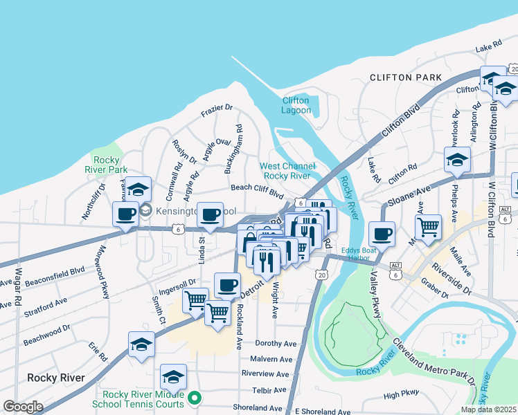 map of restaurants, bars, coffee shops, grocery stores, and more near 19412 Battersea Boulevard in Rocky River