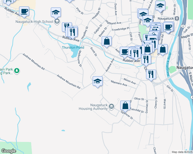 map of restaurants, bars, coffee shops, grocery stores, and more near 124 Andrew Avenue in Naugatuck