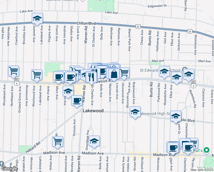 map of restaurants, bars, coffee shops, grocery stores, and more near in Lakewood