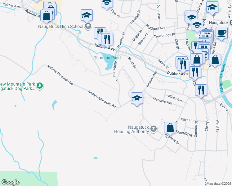 map of restaurants, bars, coffee shops, grocery stores, and more near 135 Melbourne Street in Naugatuck